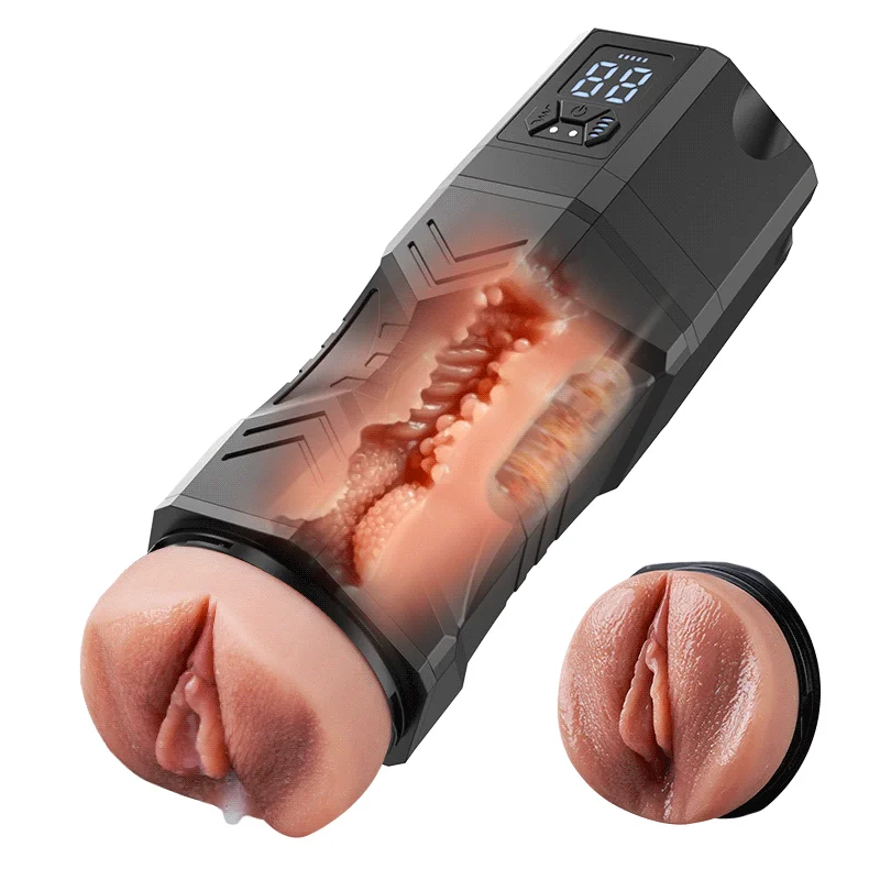 Realistic automatic male masturbator with transparent cutaway showing internal textured canal and suction system.