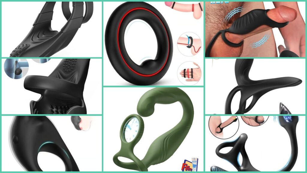 Collage showing eight different cock rings and vibrating ring designs, including dual rings, perineum stimulators, prostate massagers, and stretchy silicone styles.