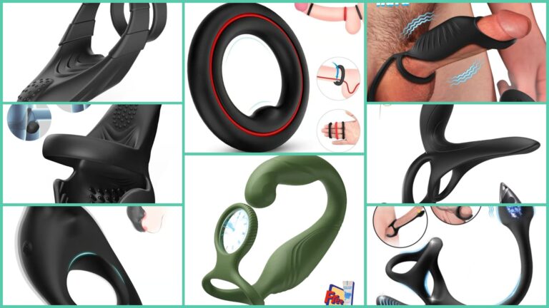 Collage showing eight different cock rings and vibrating ring designs, including dual rings, perineum stimulators, prostate massagers, and stretchy silicone styles.