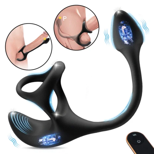 Zenith spherical vibrating anal plug with dual penis rings, shown with remote control and highlighted internal vibration points.