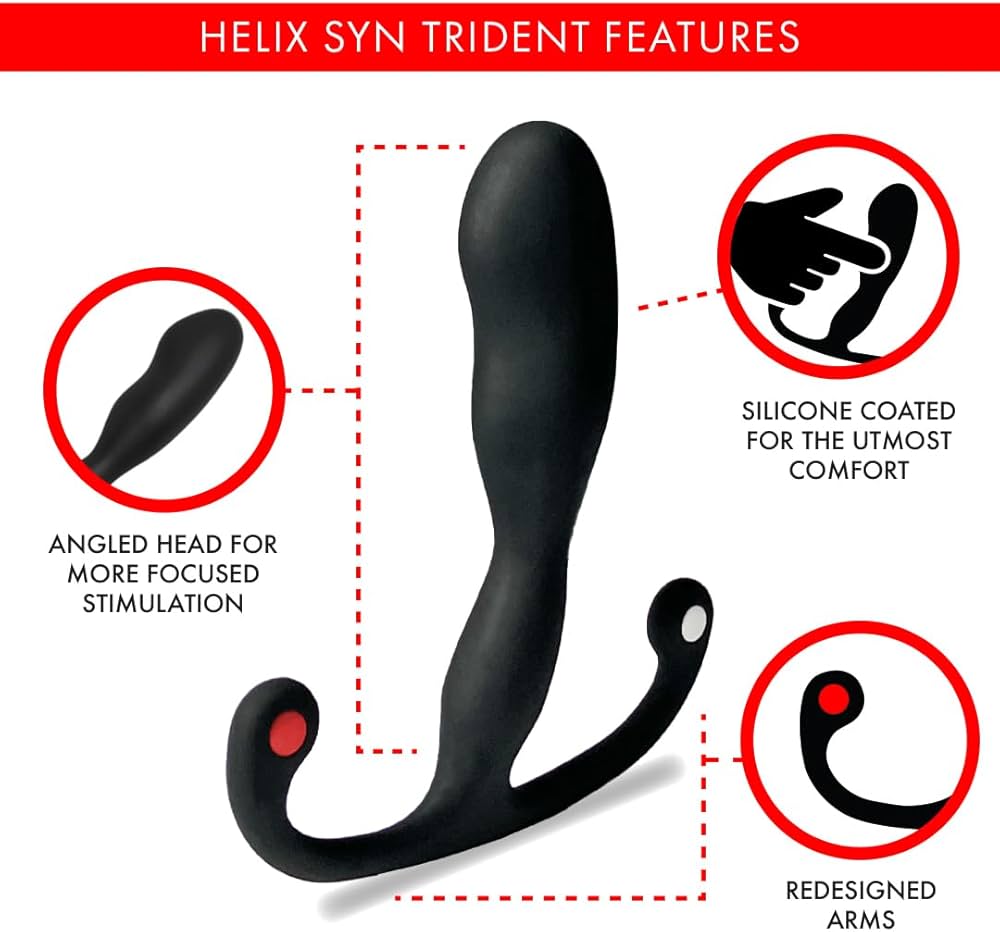Aneros Helix Syn Trident prostate massager showing angled head, silicone coating, and redesigned support arms