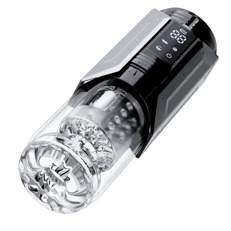Queen Kendal vacuum sucking and vibrating masturbator featuring thrusting design and LCD control display
