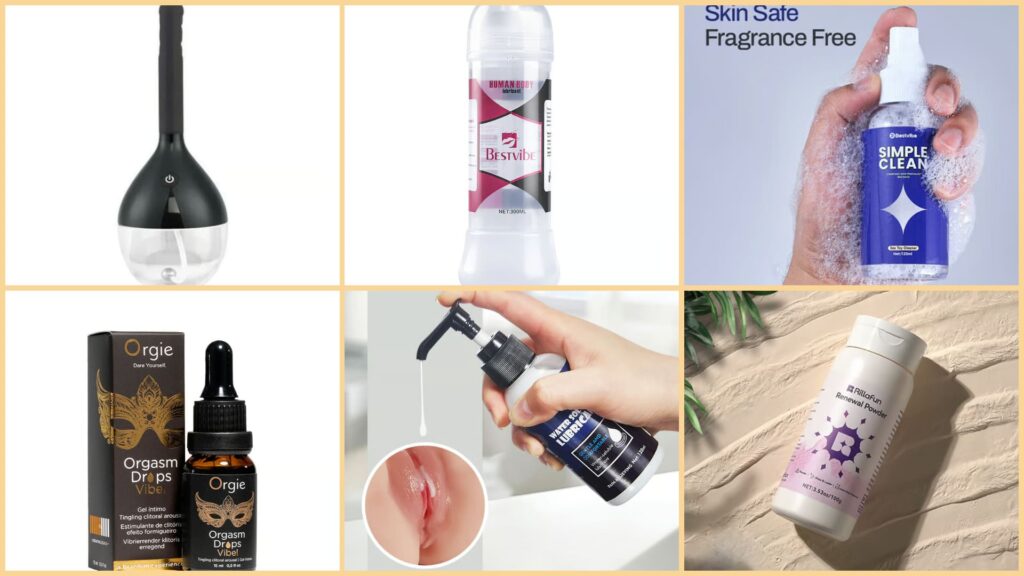 Collection of bestselling intimate products including water-based lubricants, sex toy cleaner, renewal powder, anal douche, and orgasm enhancement drops