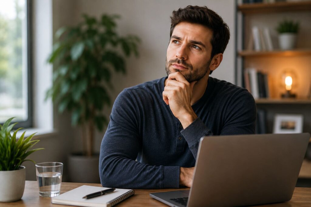 Man sitting at a desk with a laptop, reflecting on health and wellness topics in a modern home office with natural lighting.