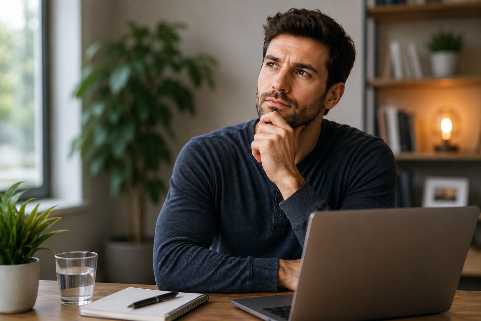 Man sitting at a desk with a laptop, reflecting on health and wellness topics in a modern home office with natural lighting.